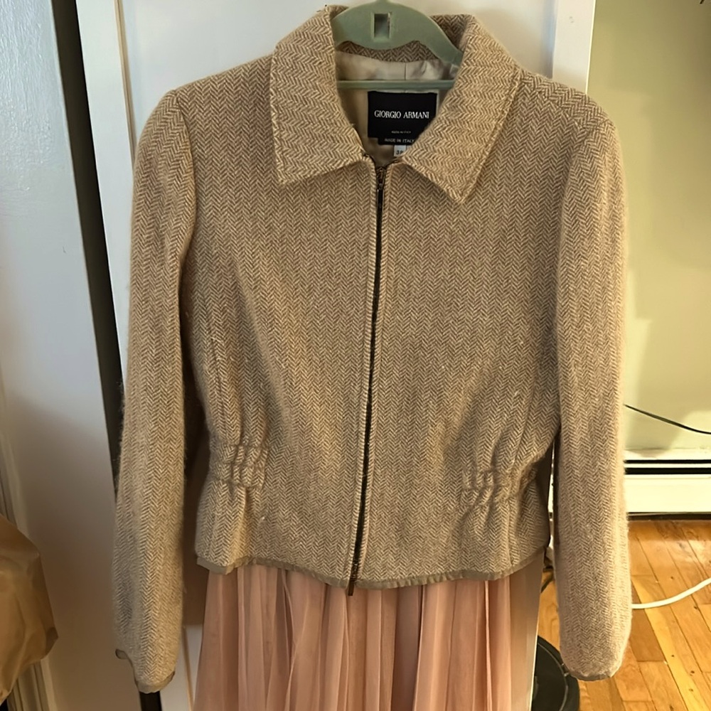 Armani camel / khaki Angora wool jacket size 38 Shirred waist Charmeuse lining